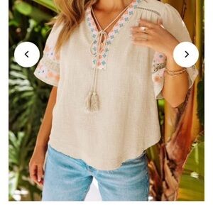 Bohemian Tassel Half Puff Embroidered Beige Blouse size large